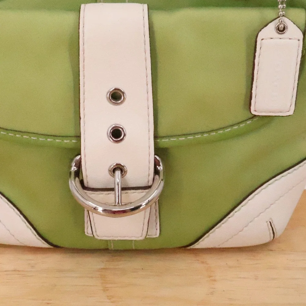 Vintage Y2K Coach Soho Buckle Satchel Bag Celery Green Canvas White Leather 1881